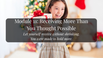 A young girl grins from ear to ear carrying a present that is wrapped in a red bow and white wrapping paper.