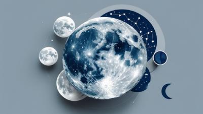 A vibrant mockup of an online moon astrology course featuring a stylized moon graphic as the central focus. The close-up image of the moon utilizes a Nordic-inspired color palette of cool blues, grays, and whites,