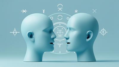 money and two heads speaking no gender or face in the center of astrology online course mockup pastel blue nordic style