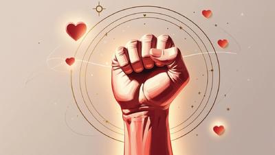 A high-resolution, digitally painted mockup of an online astrology course, presented in a square format.  The central focus is a large clenched fist in the center, rendered in varying shades of light red, against 