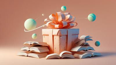 A high-resolution digital painting in a pastel orange and peach color palette, featuring a large, intricately wrapped gift overflowing with joy and surrounded by open books at the center, encircled by small, s (2)