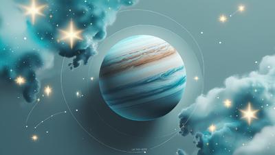 A high-resolution, vibrant, close-up mockup of Uranus rotated 180 degrees, rendered in a clean, modern Scandinavian minimalist design style.  The color palette consists of muted blues, warm whites, and soft greys,