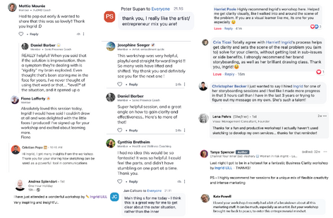 Screenshots of workshop feedback from participants on LinkedIn, Zoom chat and community posts