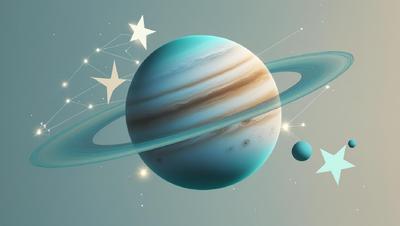 A high-resolution, vibrant, close-up mockup of Uranus rotated 180 degrees, rendered in a clean, modern Scandinavian minimalist design style.  The color palette consists of muted blues, warm whites, and soft gr (2)