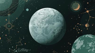 A high-resolution, vibrant mockup of an online pluto astrology course featuring the planet plutp graphic as the central focus. The close-up image of pluto utilizes a Nordic-inspired color palette of deep forest gr