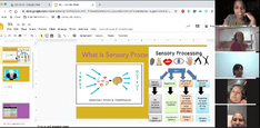 A screenshot of a Google Slides presentation on sensory processing during an online workshop, showing a diagram of sensory input and output