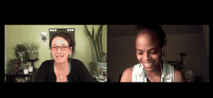 Two women teachers smiling and laughing during an online workshop or video call.