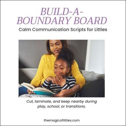 It shows a mother and child reading a book together on a couch. The text mentions "Calm Communication Scripts for Littles."