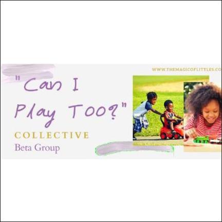 A banner image with the text "Can I Play Too?" Collective Beta Group. It features two small photos of children playing