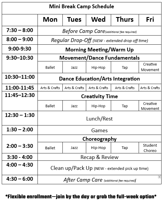 Mini Break Camp Schedule