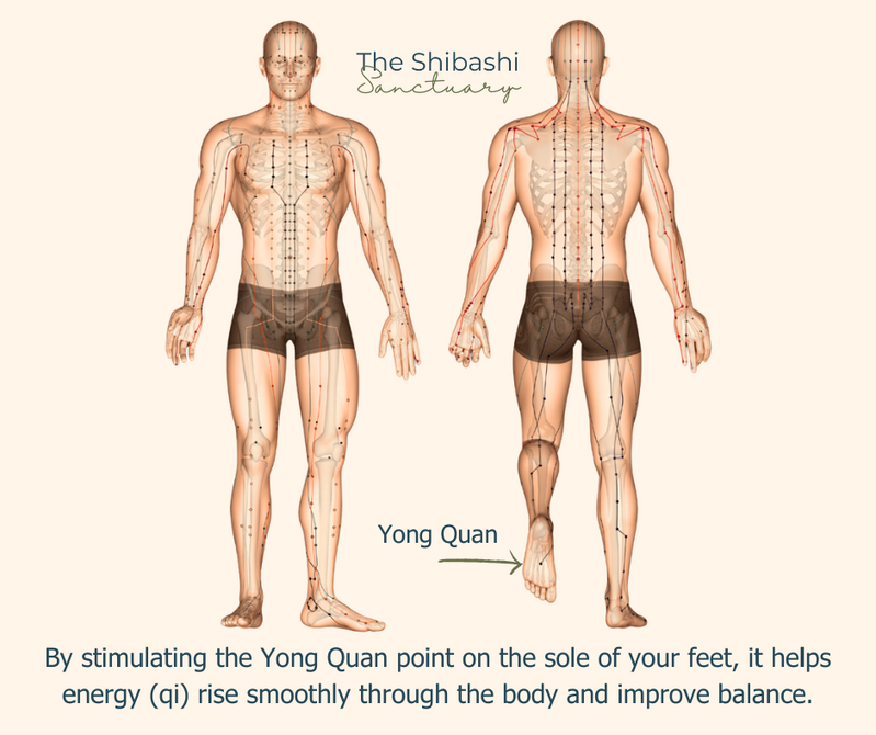 Diagram showing the Kidney meridian beginning at Yong Quan on the sole of the foot, illustrating energy flow that supports balance and vitality.