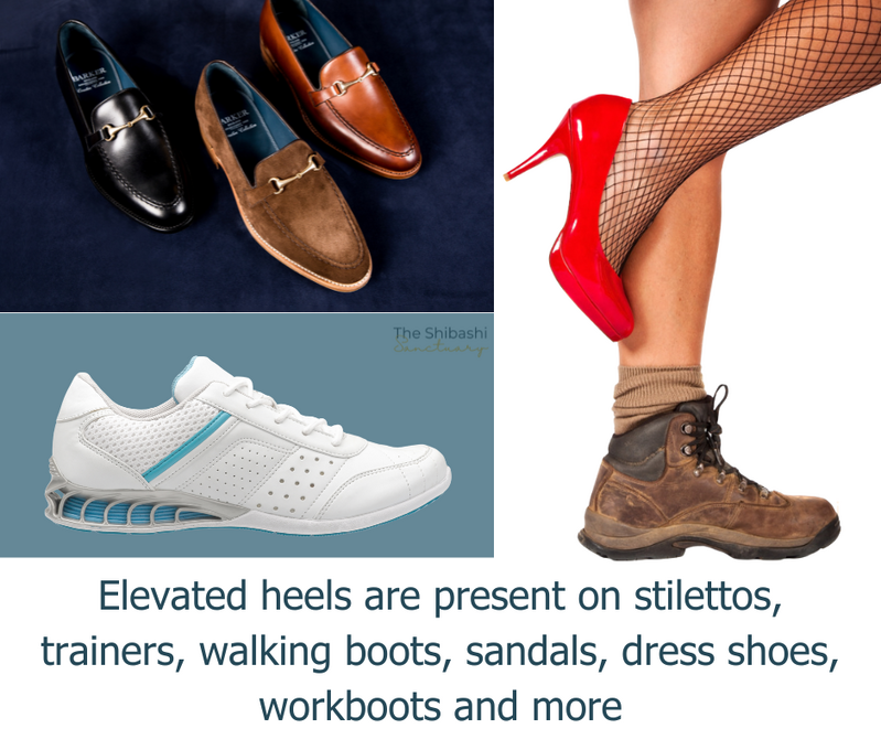Various shoes showing how elevated heels are present on stilettos, trainers, boots and dress shoes, contributing to poor alignment and balance issues.