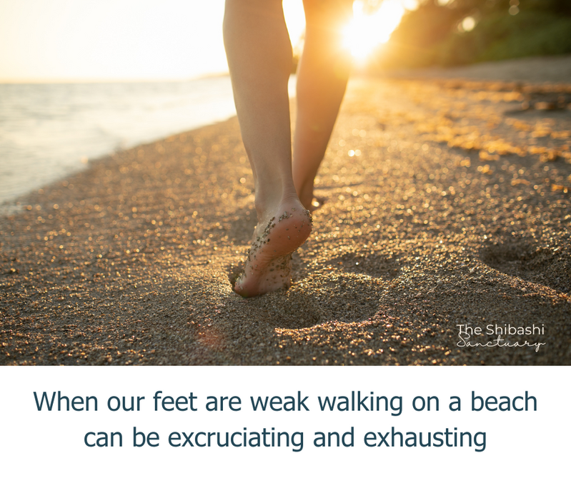 Barefoot person walking on sand at sunset, showing how weak feet struggle to stabilise and move efficiently on uneven ground.