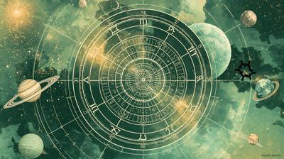 A vibrant collage design for the north node, featuring luminous celestial bodies and intricate zodiac symbols rendered in a detailed line art style. The central composition showcases planets and zodiac constellati