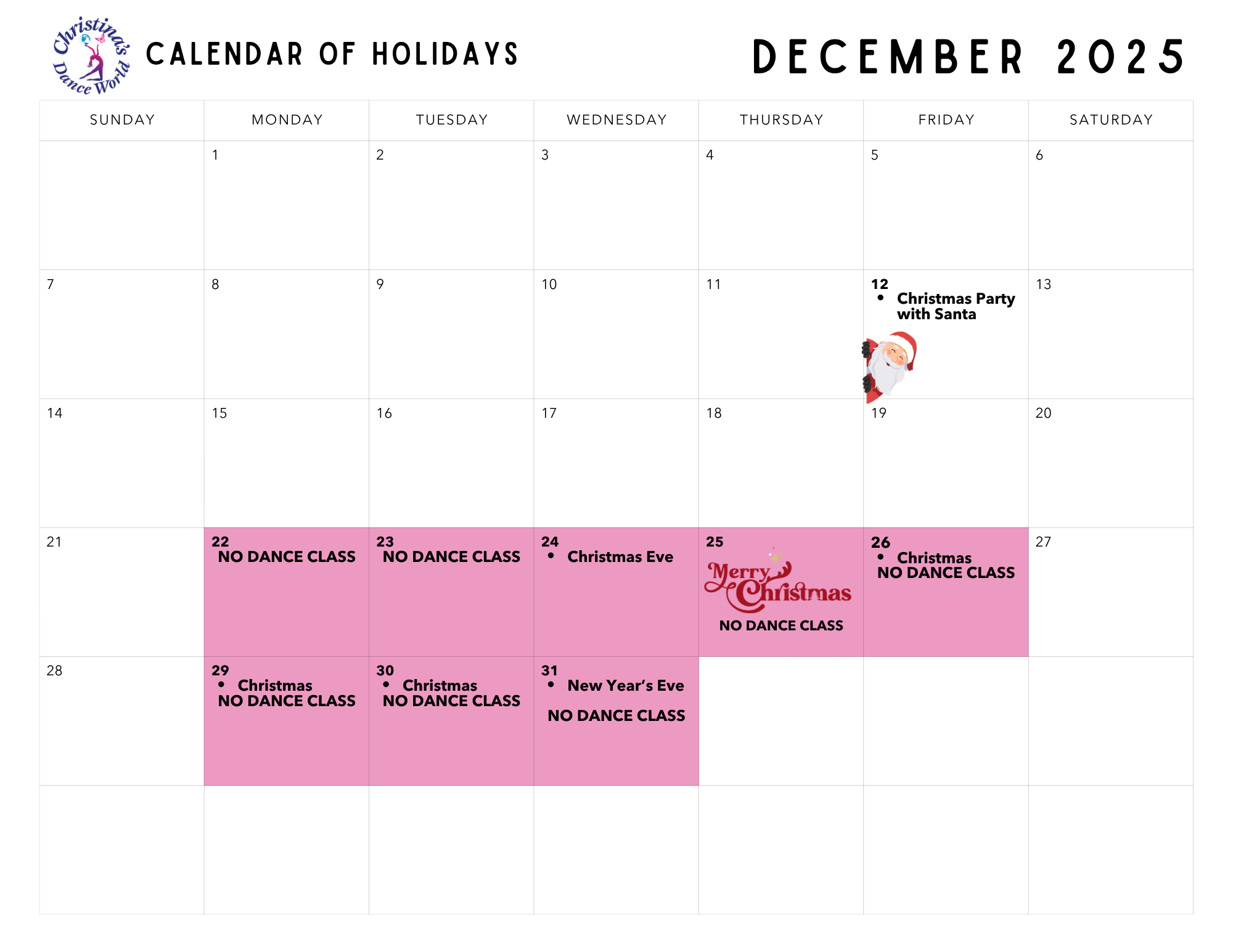Christina's Dance World Dec 2025 Holidays