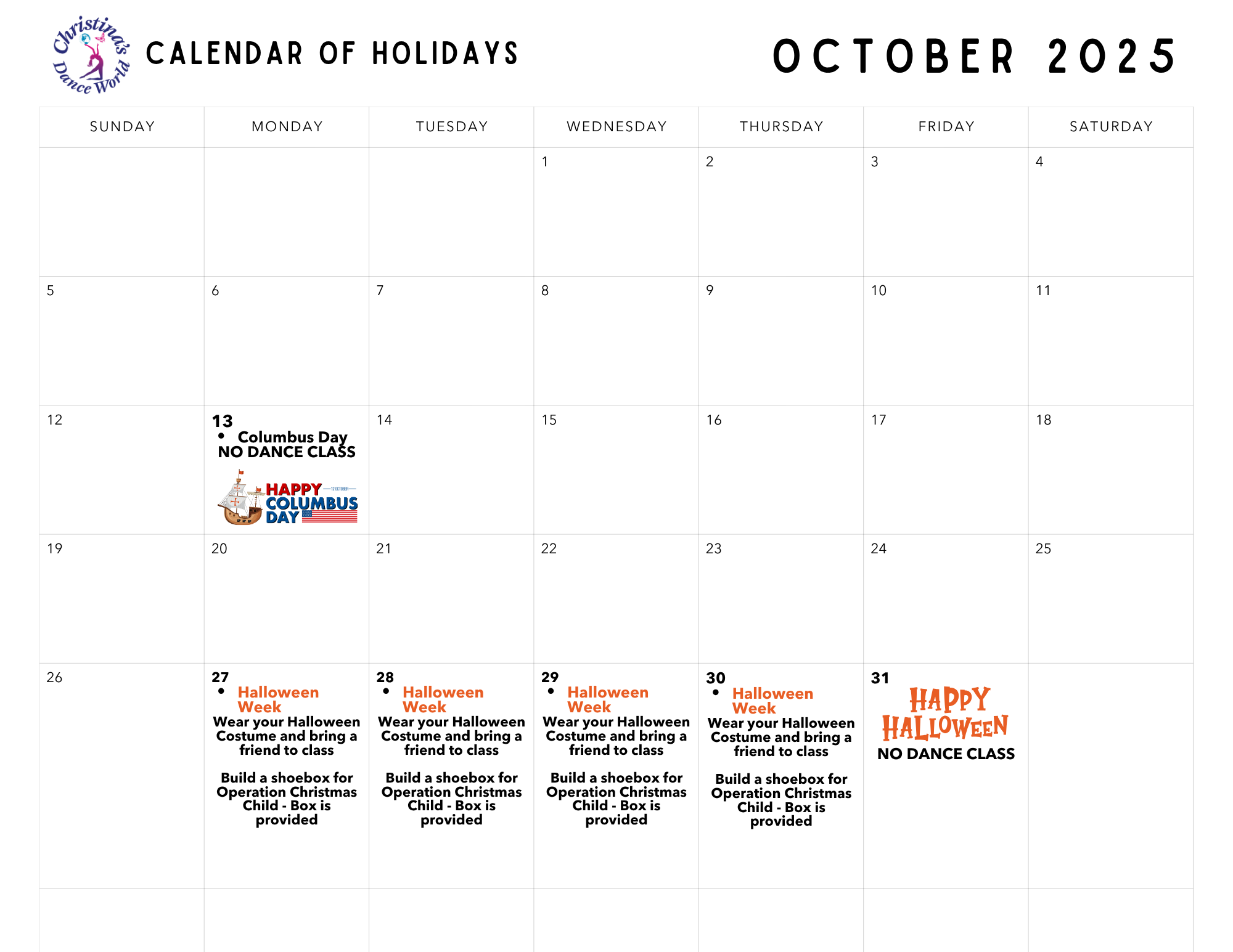 Christina's Dance World Oct 2025 Holidays
