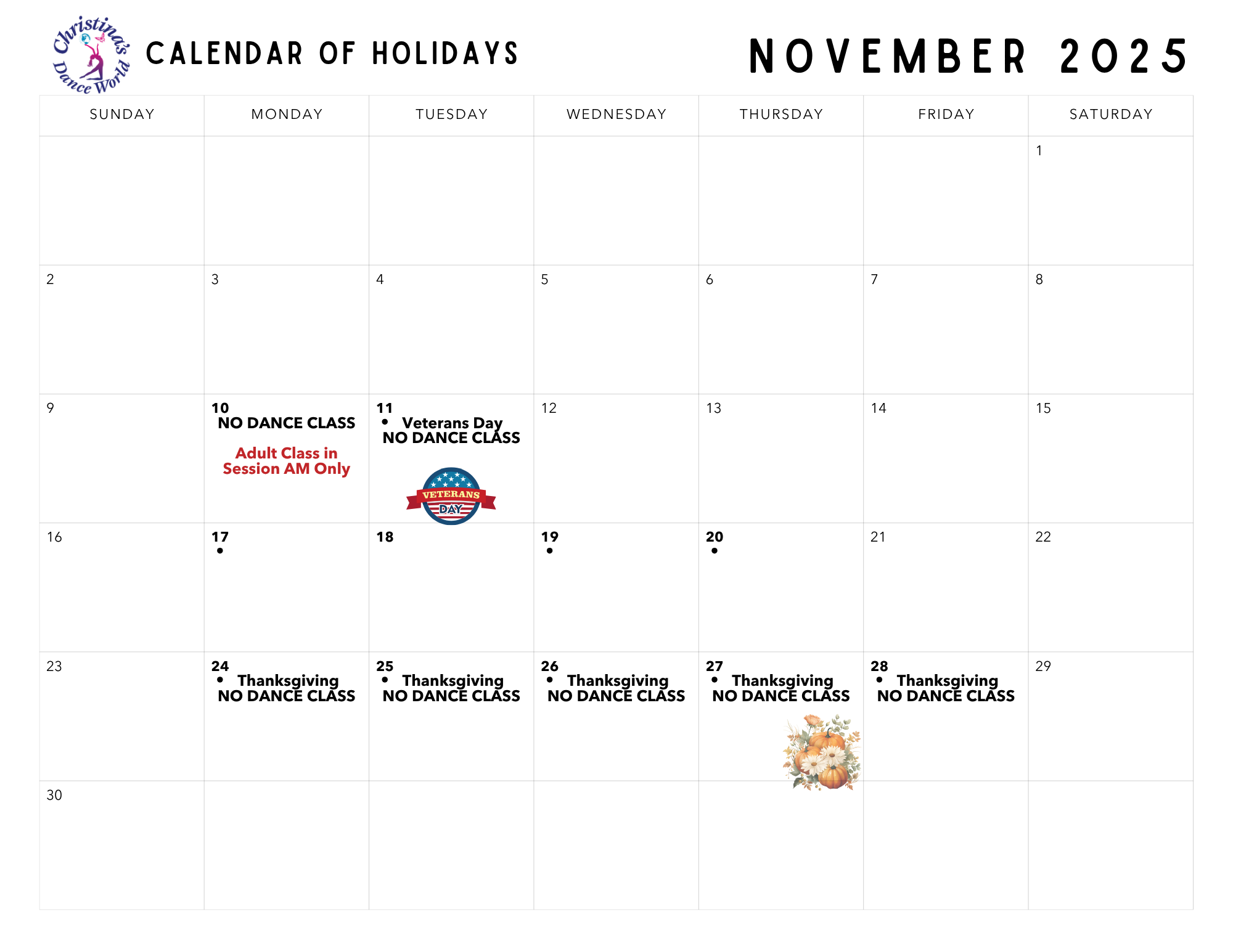Christina's Dance World Nov 2025 Holidays