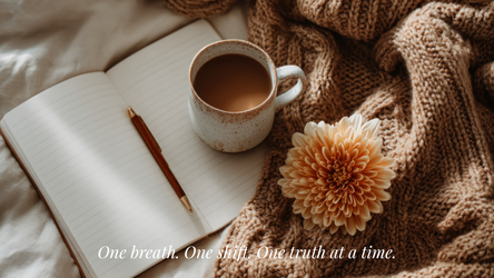 A knitted blanket with cut white tulips laid across it, a journal titled "Purpose" and a cup of tea that says "take your time" sit by a window waiting for you