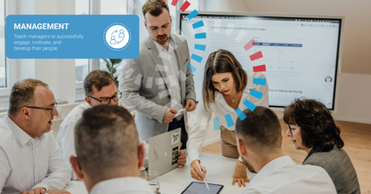 A group of business professionals participating in a leadership training for managers, having a discussion around a boardroom table