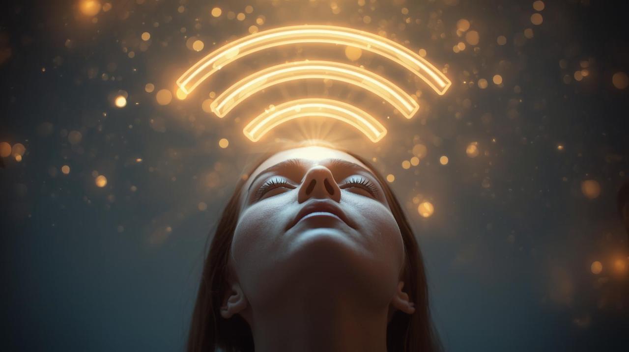 Create an image of a person tuning into God´s wifi - use wifi signal