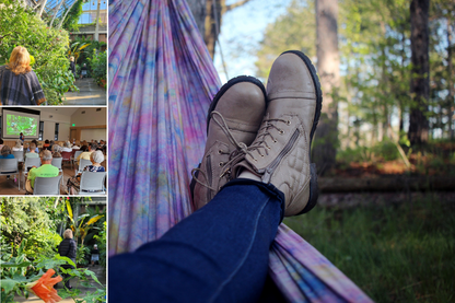 Feet on purple hammock with background trees.