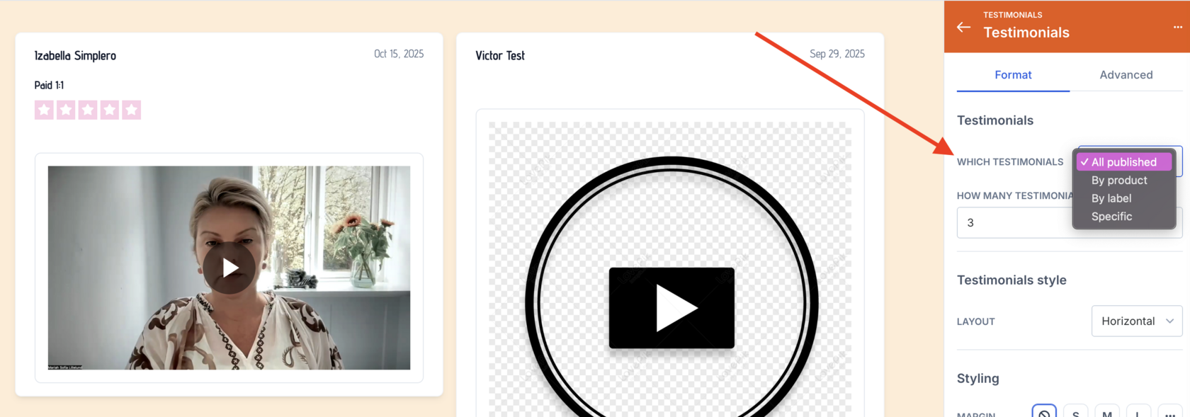 Customizing Which Testimonials