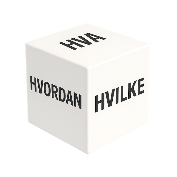 Terning med spørreordene HVA, HVORFOR og HVILKE på sideflatene