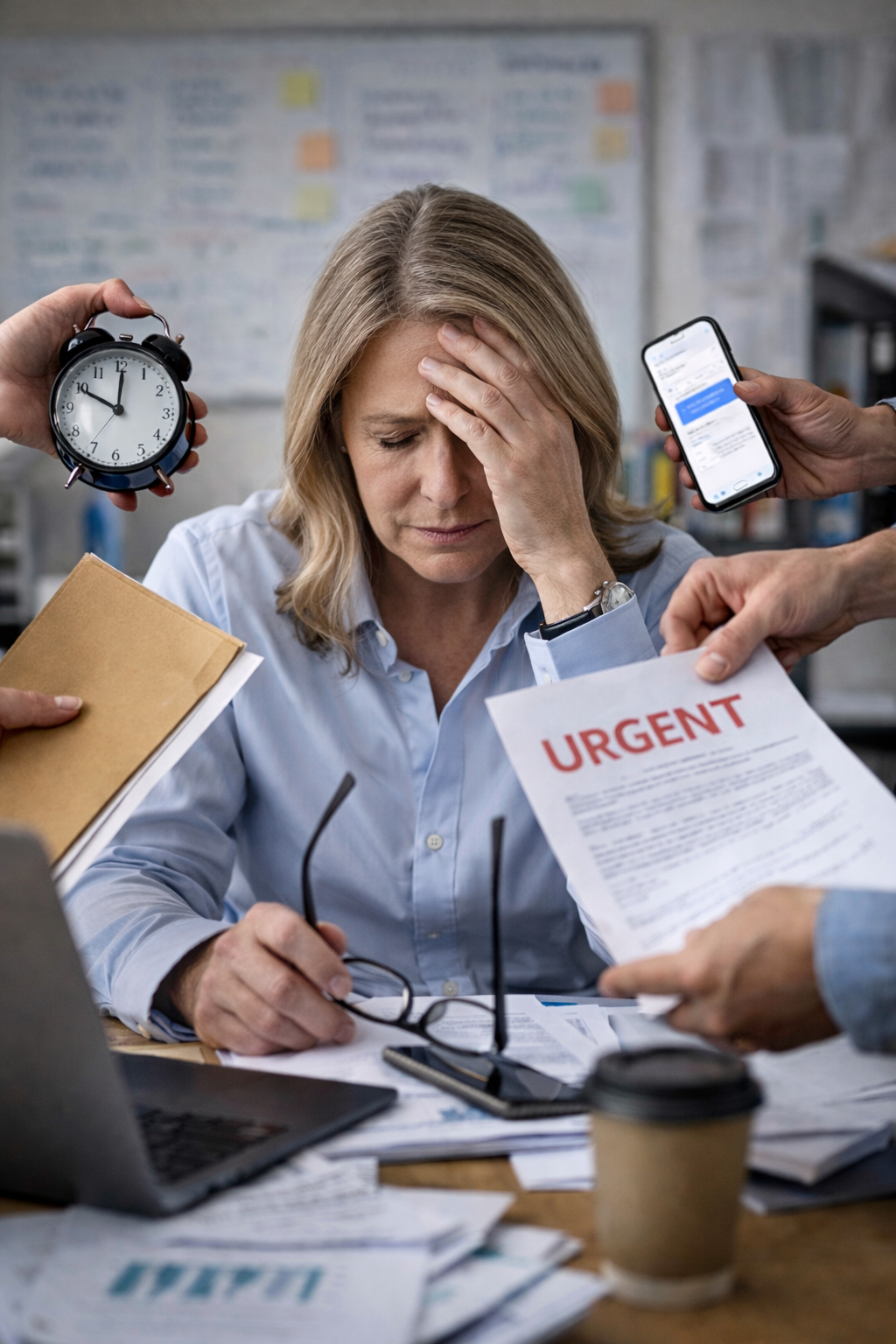 overwhelmed at the office desk woman - image by chatgpt