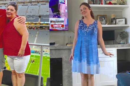A side by side picture of a woman before and after her weight loss with Zenith Coaching Academy