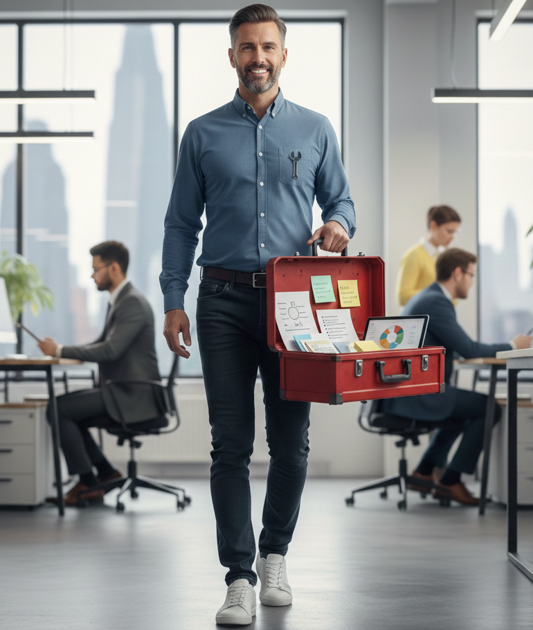 Glad leder med værktøjskasse