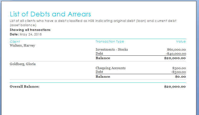 List of Debts and Arrears - Sample Output