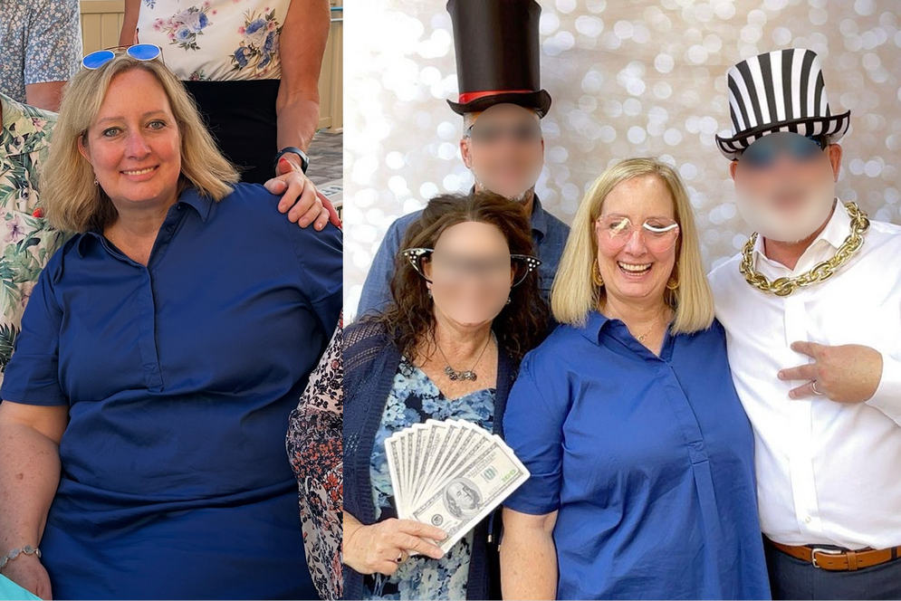 A side by side picture of a woman before and after her weight loss with Zenith Coaching Academy