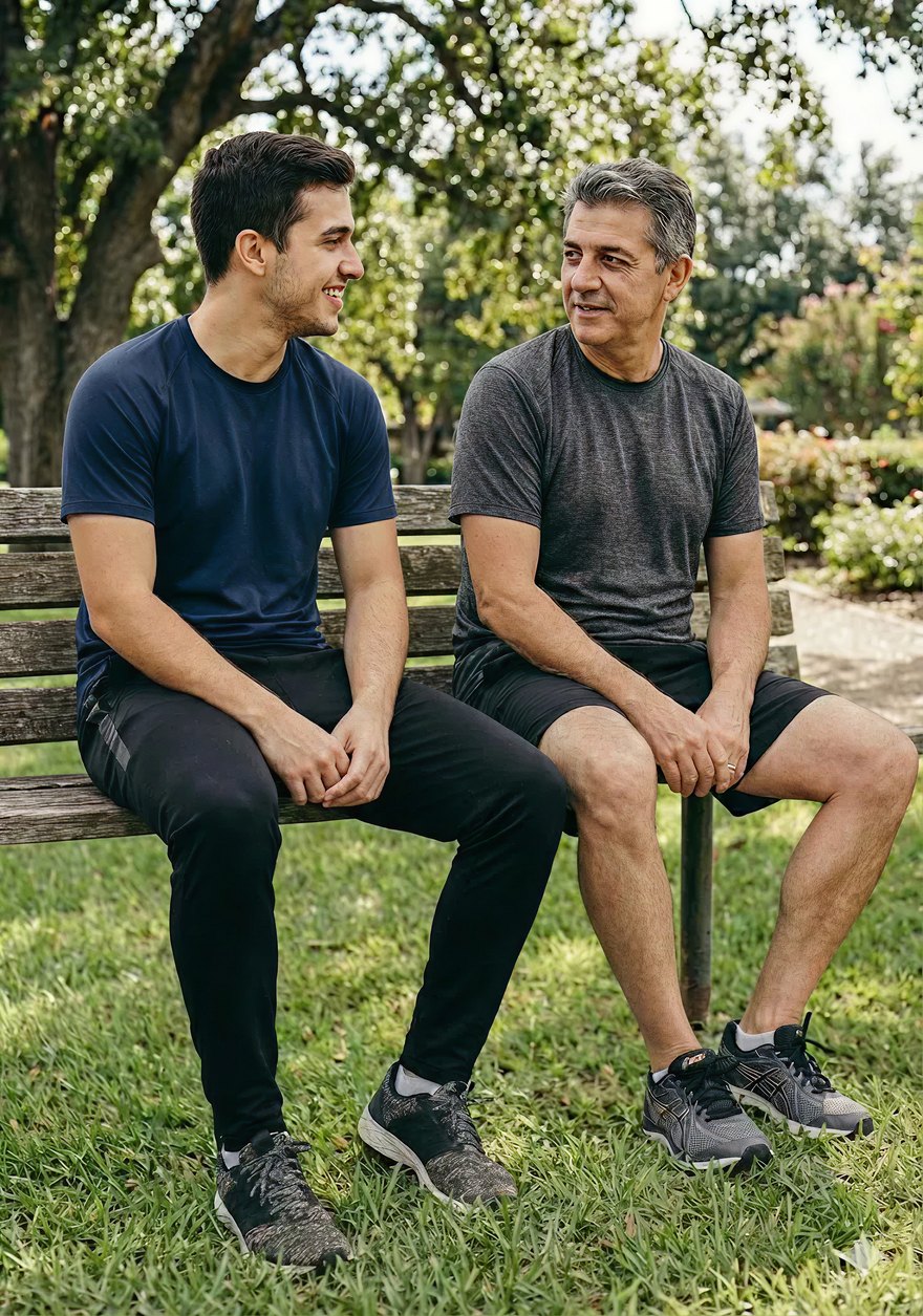 Two men sitting on a park bench