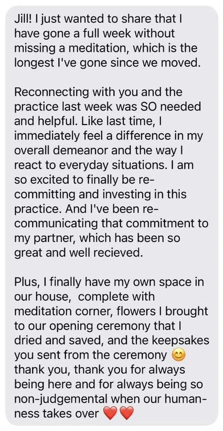 A screen shot of a text message testimonial about meditation.