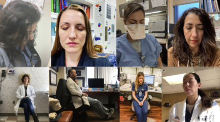 Eight doctors meditating in their offices.