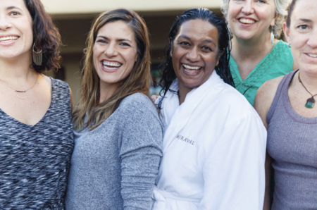 Five women smiling outside attending Jill’s meditation retreat
