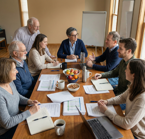 family business consultant tildet at a table with a family business