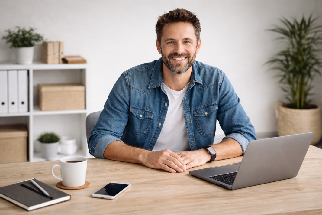 Hombre en oficina moderna y luminosa