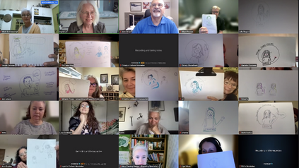 Zoom gallery: workshop participants holding up their sketches to the camera