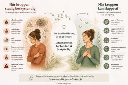 Illustration om chok og traumer, hvor nervesystemet er i alarmberedskab med uro, spændinger og hyperopmærksomhed – og vejen mod mere ro, tryghed og selvkontakt.