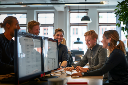 A team of office workers smiling and collaborating around dual monitors, illustrating successful AI adoption and positive user engagement during a digital workplace transformation.