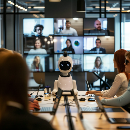 A team of office workers smiling and collaborating around dual monitors, illustrating successful AI adoption and positive user engagement during a digital workplace transformation.
