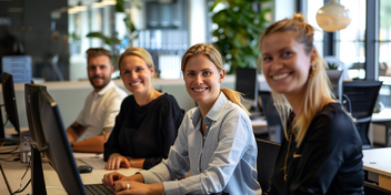 A team of office workers smiling and collaborating around dual monitors, illustrating successful AI adoption and positive user engagement during a digital workplace transformation.