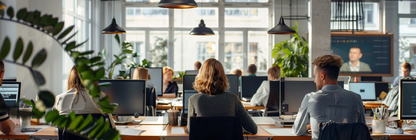 Employees sit at their desks in a bright, modern open-plan office working productively on computers, illustrating an organization that has successfully adopted AI tools through a comprehensive workforce training strategy.