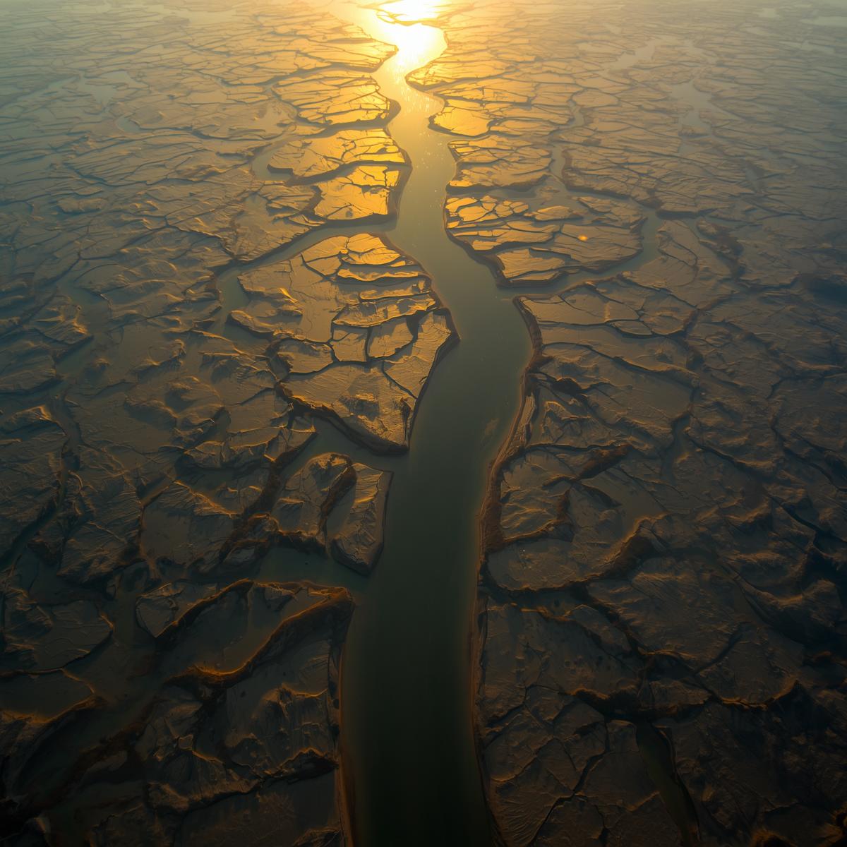A sunlit river delta photographed from above, its branching channels reading like blood vessels or a living network, with warm light catching the water as it spreads out to the smaller arms.