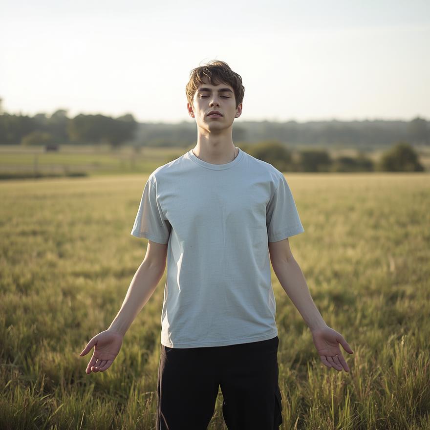 A person standing at ease in an open field, shoulders soft and hands open at their sides, eyes half-closed in the morning light. Calm, grounded, unposed, natural and quiet atmosphere.