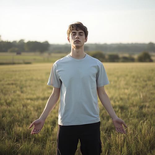 A person standing at ease in an open field, shoulders soft and hands open at their sides, eyes half-closed in the morning light. Calm, grounded, unposed, natural and quiet atmosphere.