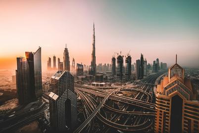 Dubai skyline with skyscrapers at sunset