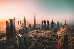 Dubai skyline with skyscrapers at sunset