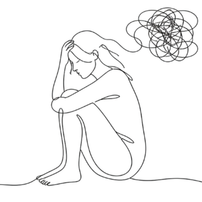 Black hand drawing of woman sitting with frustrated thoughs